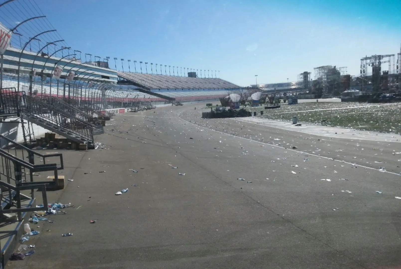 Las Vegas Motor Speedway grandstand and track covered in post-event debris