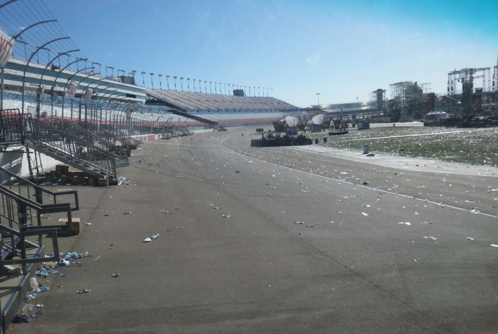 Las Vegas Motor Speedway grandstand and track covered in post-event debris